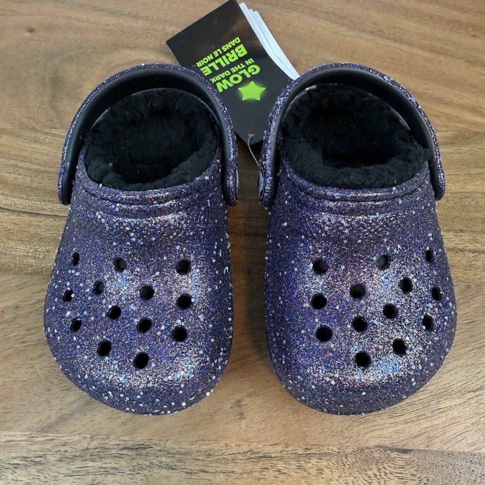 New Little Kids Crocs Classic Lined Space Glitter Glow In The Dark Clogs Sz 4 C